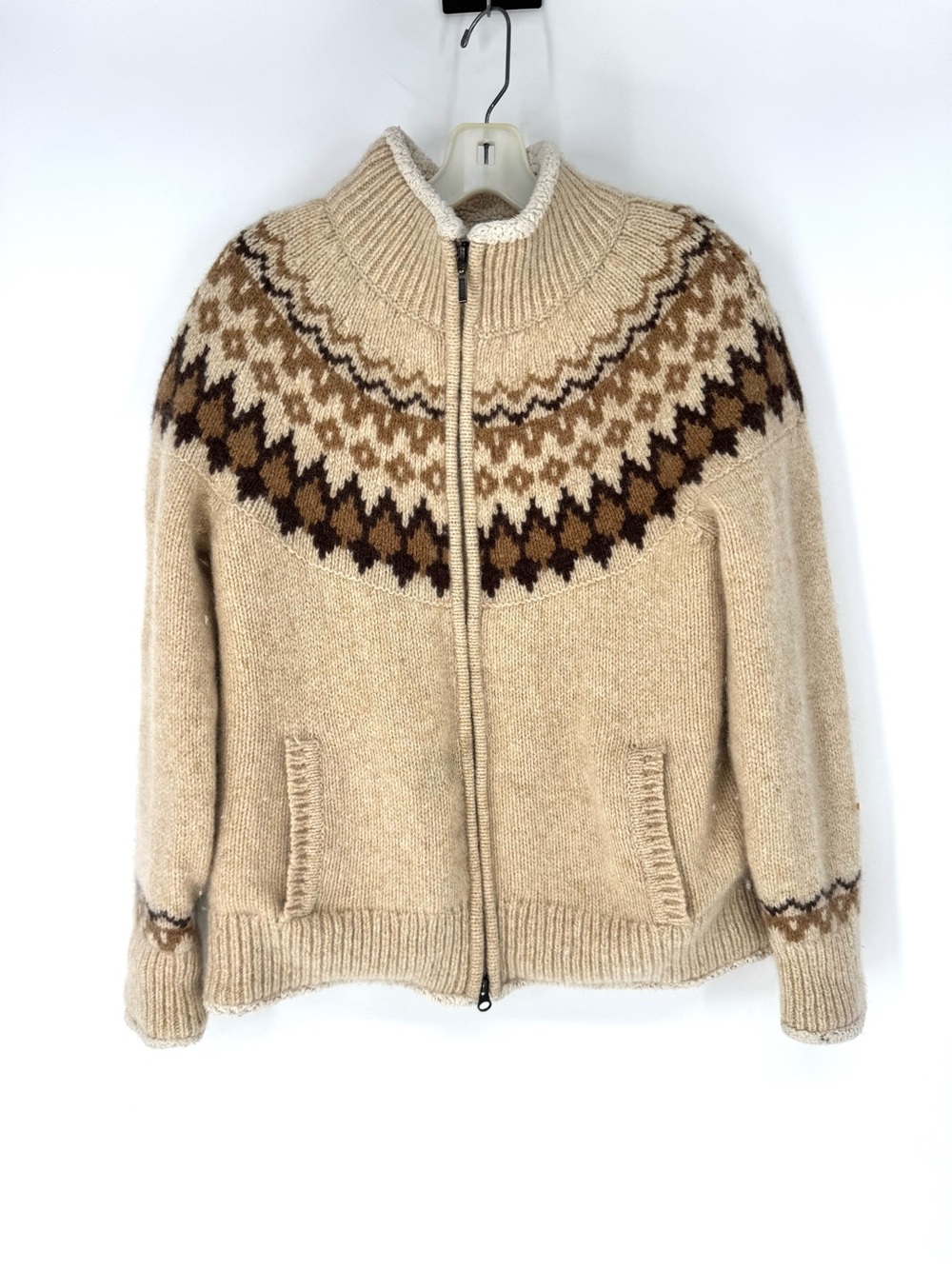L.L. Bean Cream Zip Nordic Yoke lamb Wool Cardigan with Brown Accents